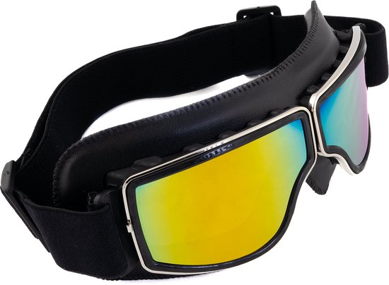 KIMU® Goggles Motorbril Skibril - Bril Zwart Montuur - Oranje Spiegelgazen - Pilotenbril Piloot Retro Motor Steampunk Leatherlook PU Leer Geel Solex Heren Festival