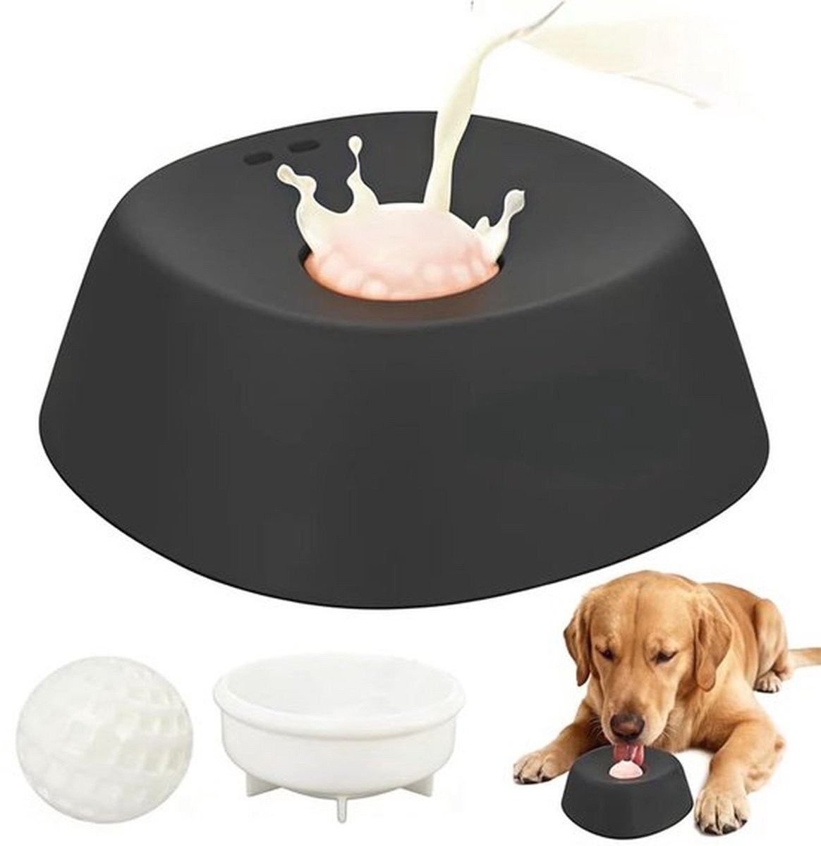 Slow Feeder hondenbak voor vloeibare traktaties - Antislip likbak voor honden met bottenbouillon, morsbestendige voerbak met ingebouwde rollende bal, likspeeltje voor grote, middelgrote en kleine honden, tegen verveling.