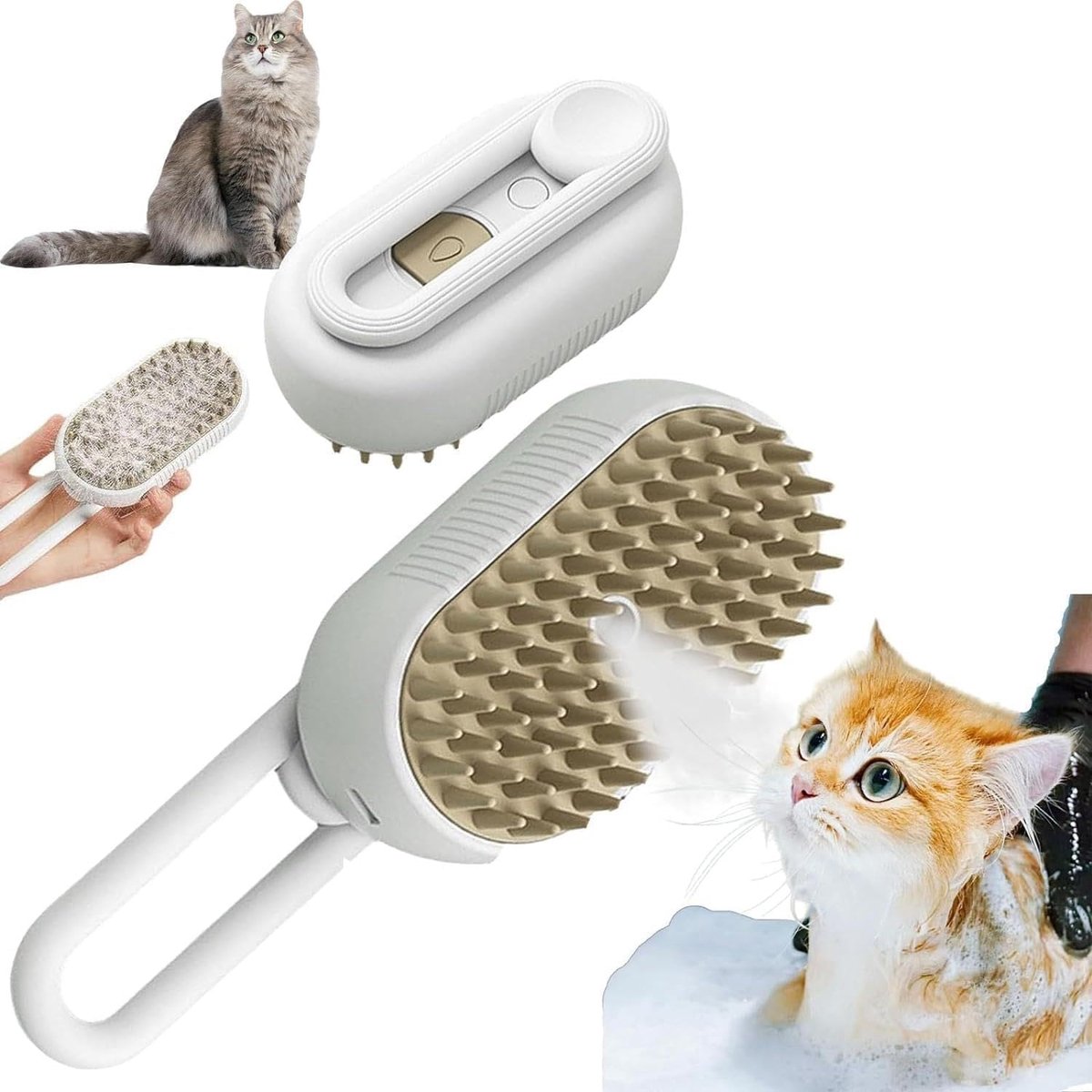 Killogood Kattenstoomborstel - multifunctionele ontharingsborstel met waterreservoir - 3-in-1 huisdierborstel - geschikt voor katten en honden (wit)