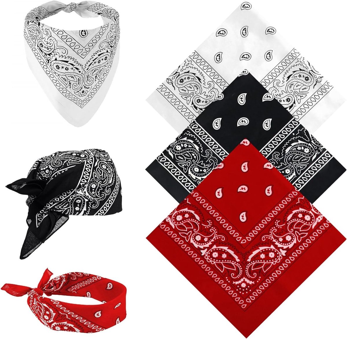 Multifunctionele 3-delige Bandana Set voor Dames en Heren, Grote Paisley Hoofddoeken, Haaraccessoires en Biker Sjaals (55 x 55 cm, Rood, Zwart, Wit)