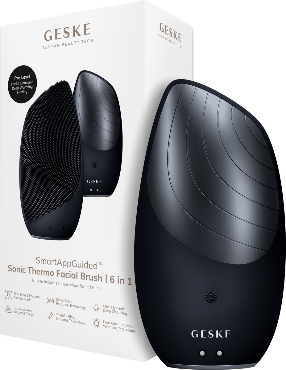 GESKE | SmartAppGuided™ Sonic Thermo Facial Brush | 6 in 1 | Huidreiniging | Reinigingsborstel met warmtefunctie | Gezichtsmassager | Elektrische gezichtsborstel | Apparaat voor gezichtsreiniging