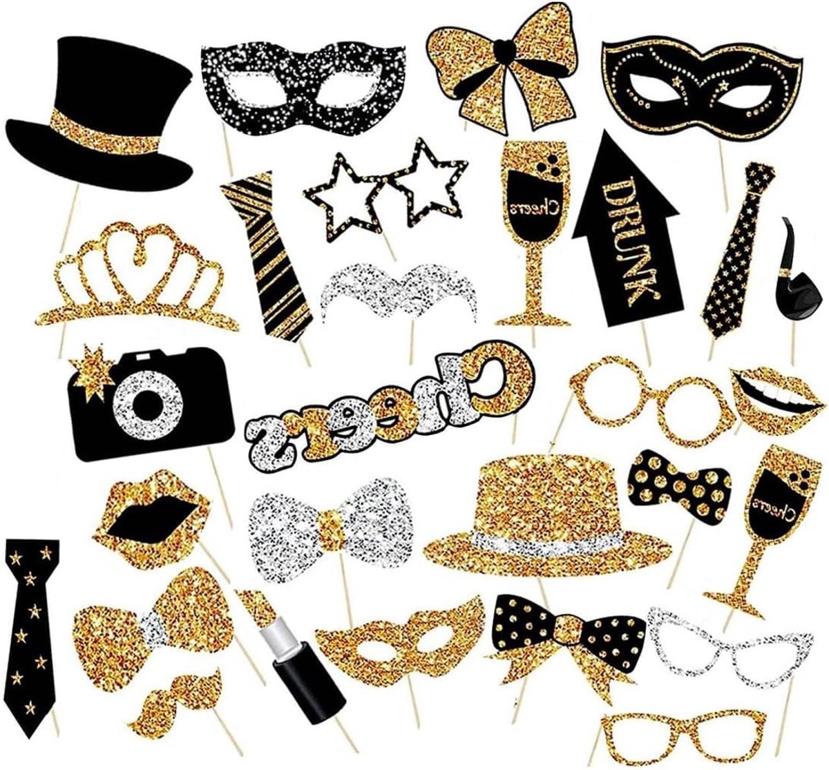 30 Stuks Fotoprops Set - Grappige Accessoires voor Feestjes, Verjaardagen en Bruiloften - Decoratie met Sticks en Stickers voor Kerst en Carnaval