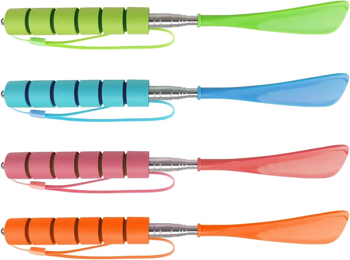4-delige schoenlepel set van kunststof met telescopische functie en gladde randen, ideaal voor het aan- en uittrekken van schoenen in zwart, groen, roze en oranje
