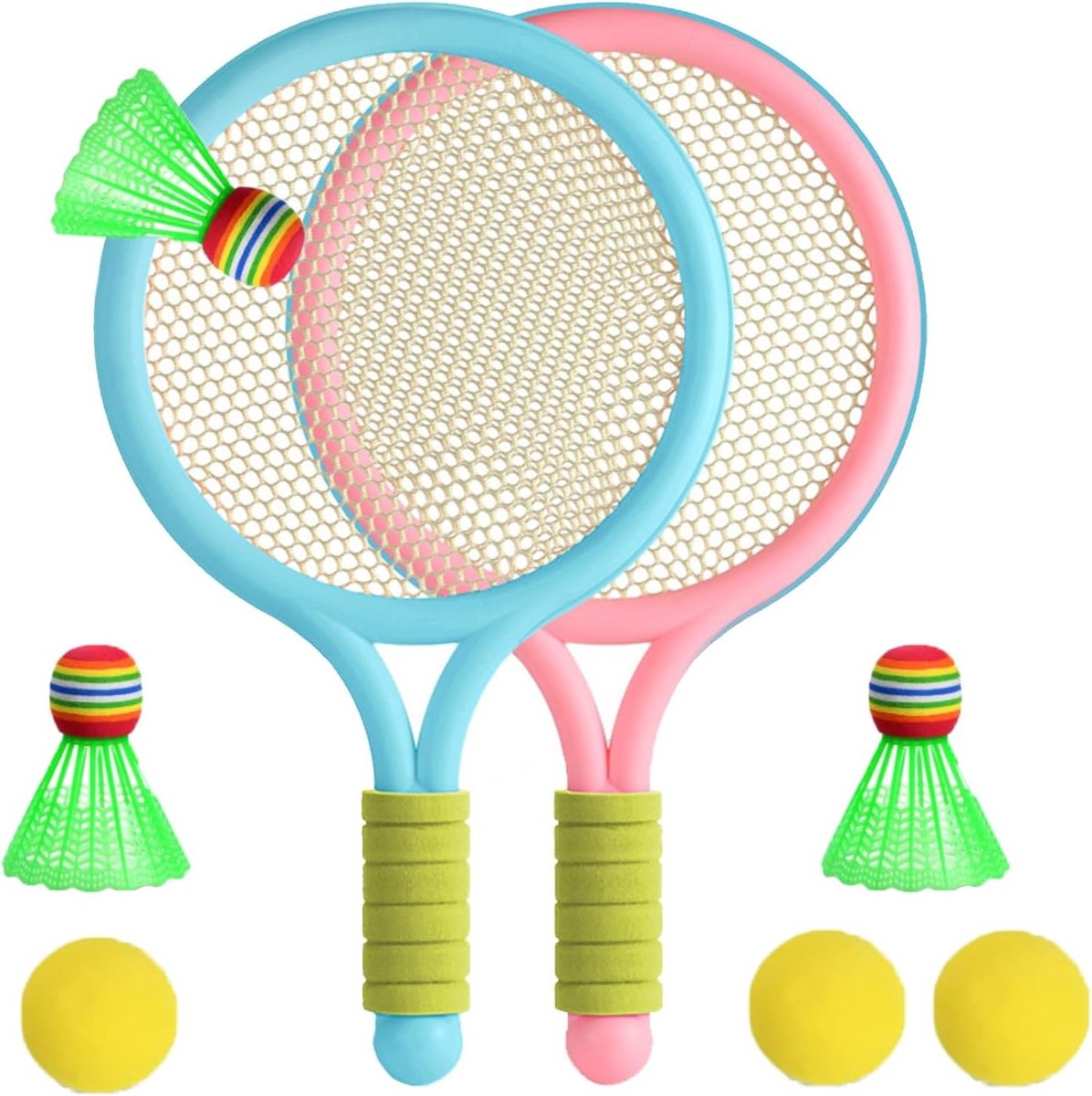 Kinder tennisrackets set met 2 blauwe en roze plastic rackets, 3 shuttlecocks en 3 tennisballen voor binnen en buiten spelen in koud weer