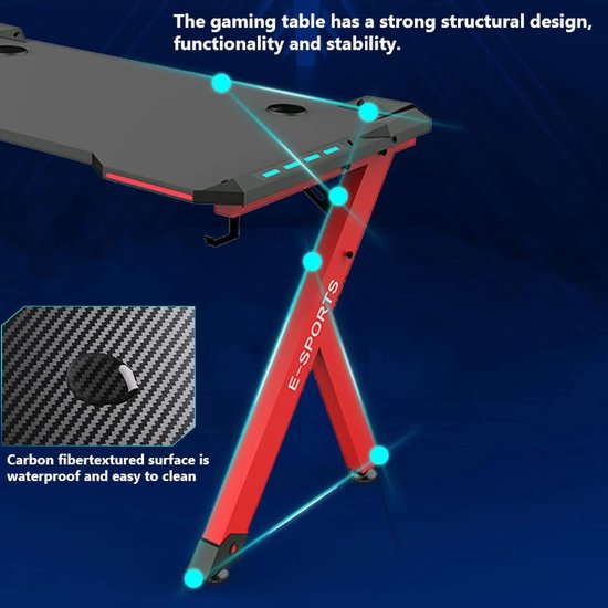 Gaming Bureau - Computer Bureau - Thuiswerken Gamen - Geïntegreerde LED Verlichting - 39 Inch - Zwart — afbeelding 2