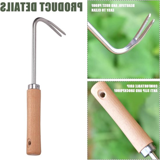 V-haak onkruidverwijderaar, roestvrijstalen onkruidverwijderaar, handmatige tuinonkruidverwijderaar met houten handvat, roestvrijstalen onkruidtrekker. van Merkloos	 — afbeelding 2
