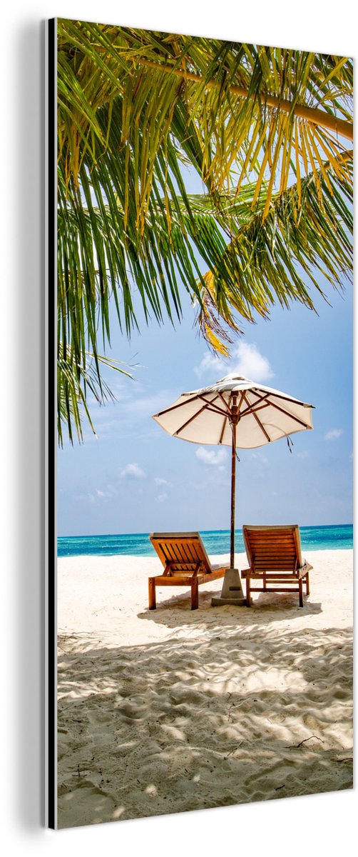 Aluminium schilderij 20x40 cm - Wanddecoratie metaal - Strandstoel - Parasol - Palmboom -