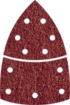 Een roodbruin, driehoekig schuurvel met 12 perforaties.