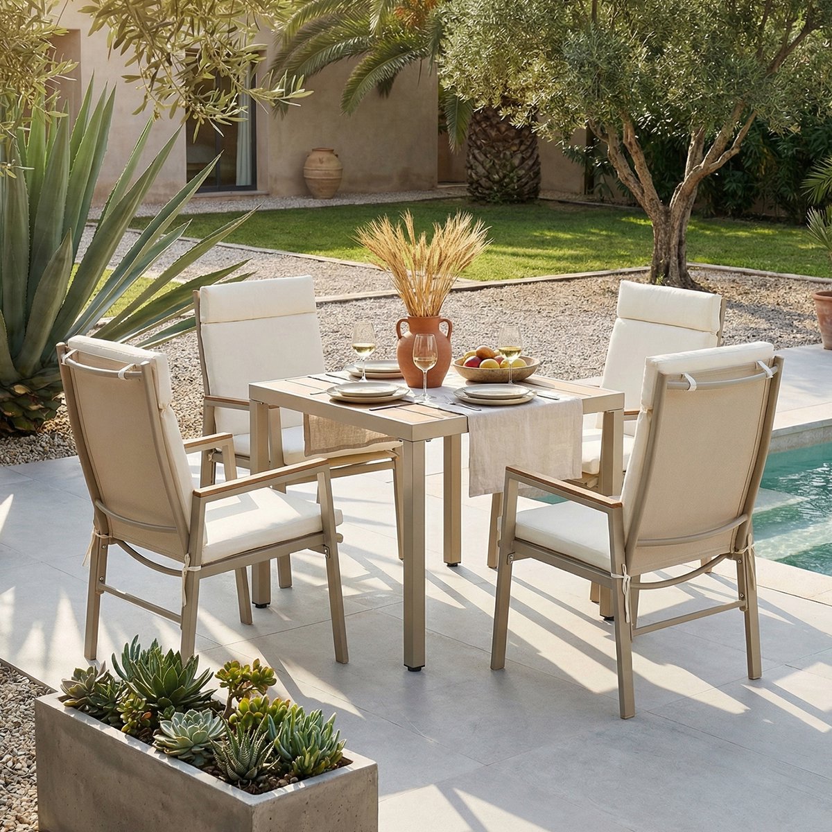BLACKCOLORS Tuineetset, tuinmeubelset, geschikt voor 4 personen, bestaande uit 1 tafel en 4 stoelen, verzinkt ijzer, tafelblad van kunststofhout, kaki + beige