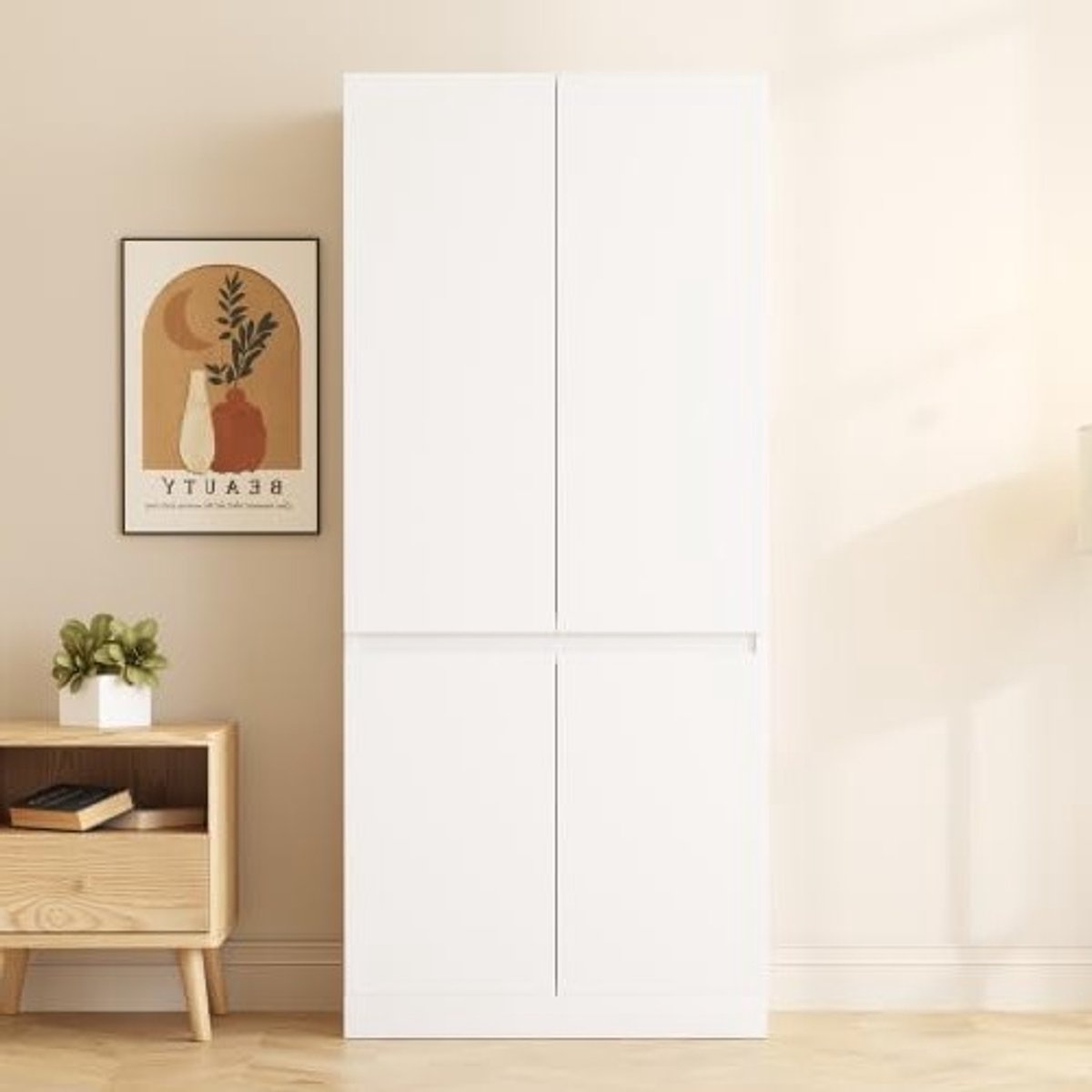 Smalle witte kledingkast met dubbele deuren, groot opbergvak en kledingstang voor slaapkamer en hal, ruimtebesparend ontwerp 70 x 40 x 170 cm