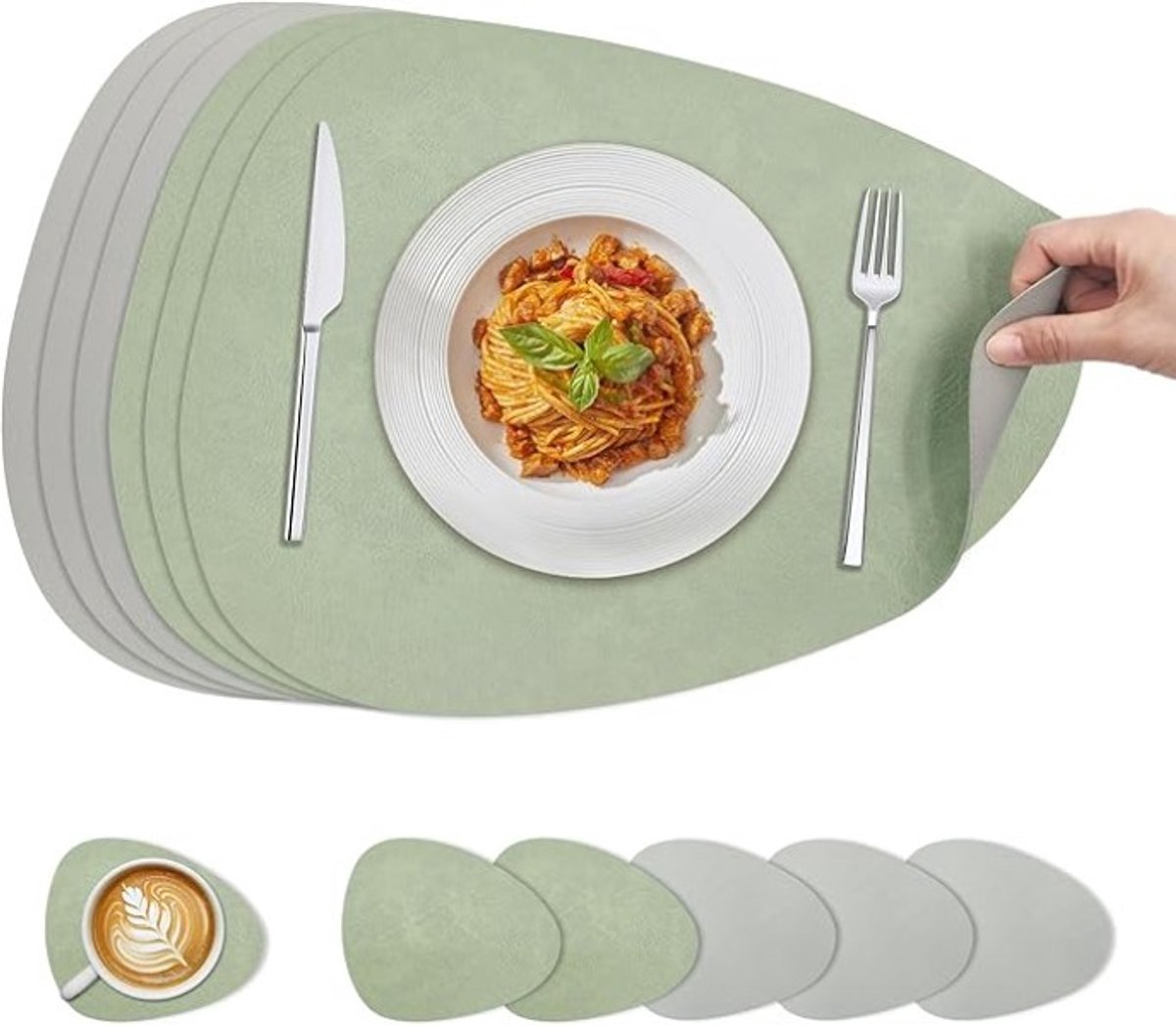 6-delige set placemats en onderzetters - Groen en grijs - 40x30 cm