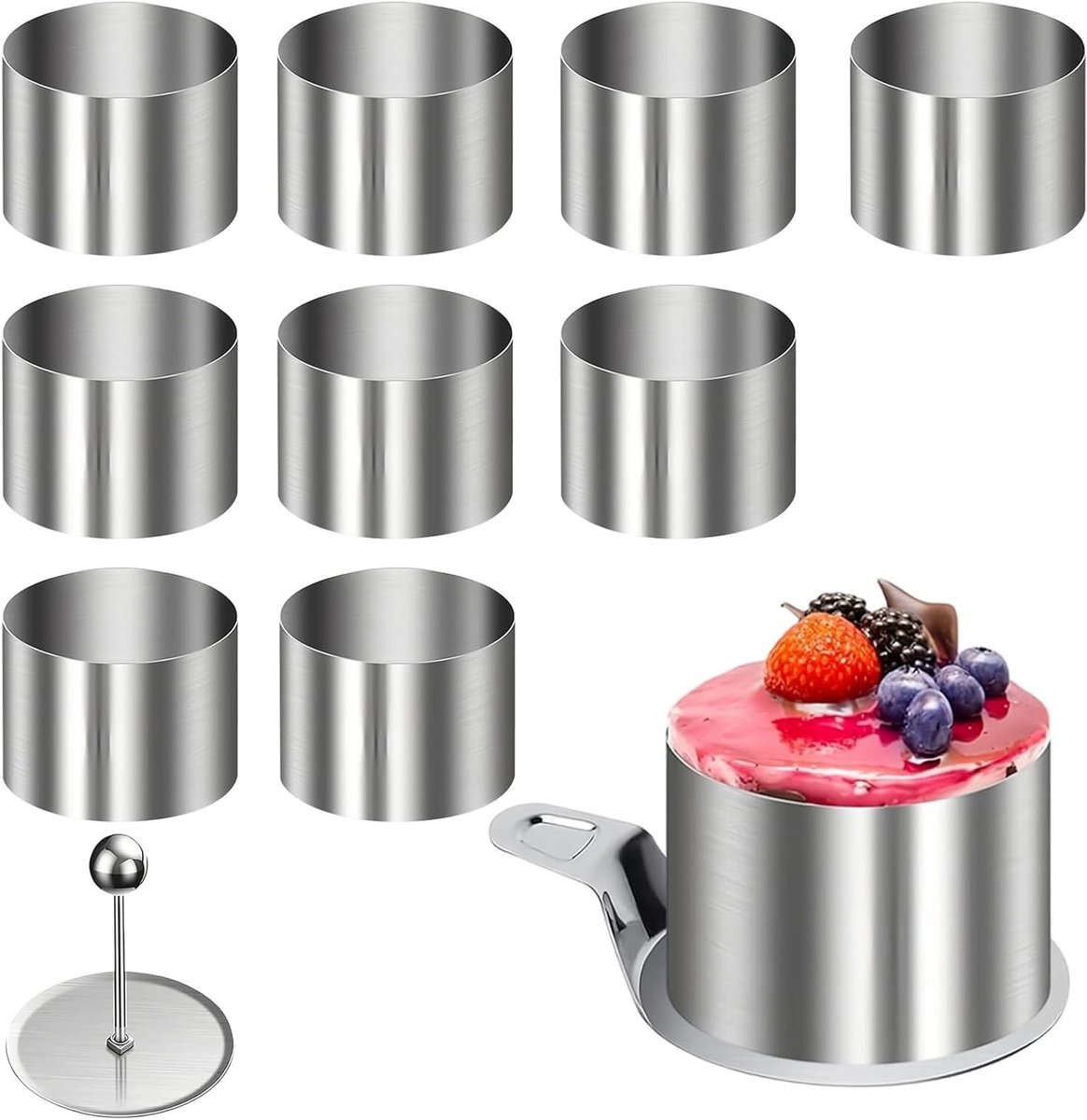 Set van 10 RVS Dessertringen van 8 cm voor Taart, Mousse en Desserts met Basis en Lifters
