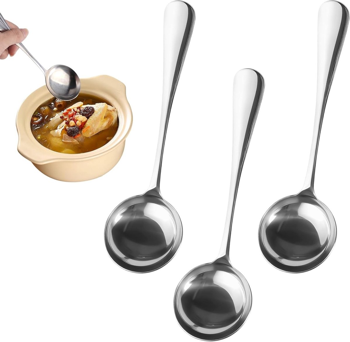Set van 3 Roestvrij Stalen Sauslepels, 20 cm, Gepolijst en Duurzaam, Ideaal voor Bouillon, Sauzen en Serveren, Vaatwasmachinebestendig en Stevig
