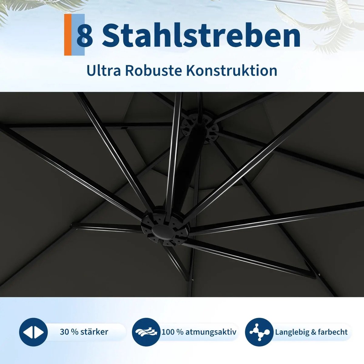 VIEMAE Parasol - Zweefparasol - Tuinparasol - Kantelbaar - 360° draaibaar - Waterafstotend - Versterkte kruisvoet - 300cm - Grijs – foto 7