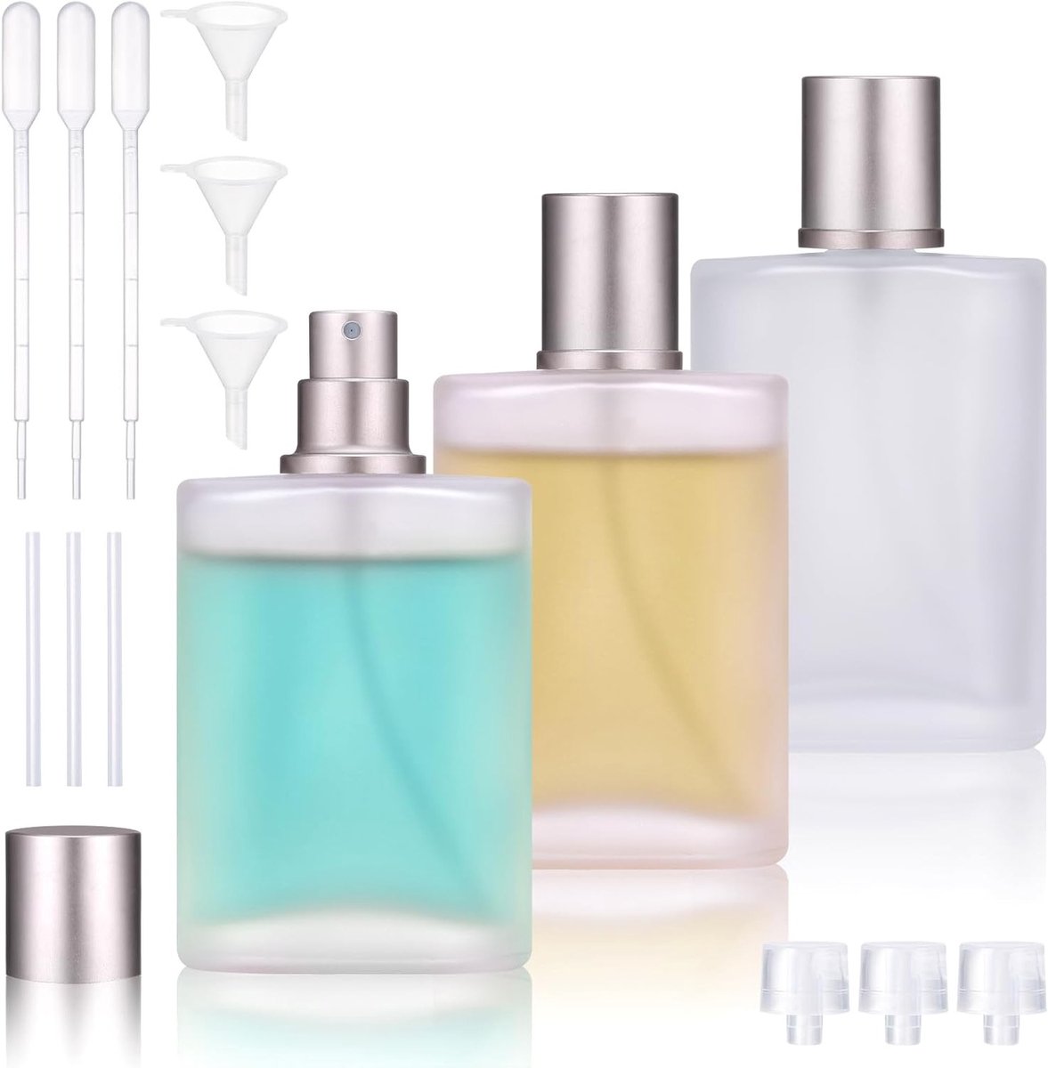 Pack van 3 herbruikbare parfumatomisers van 50 ml, ideaal voor reizen, outdoor en gezin, inclusief trechter en pipetten.