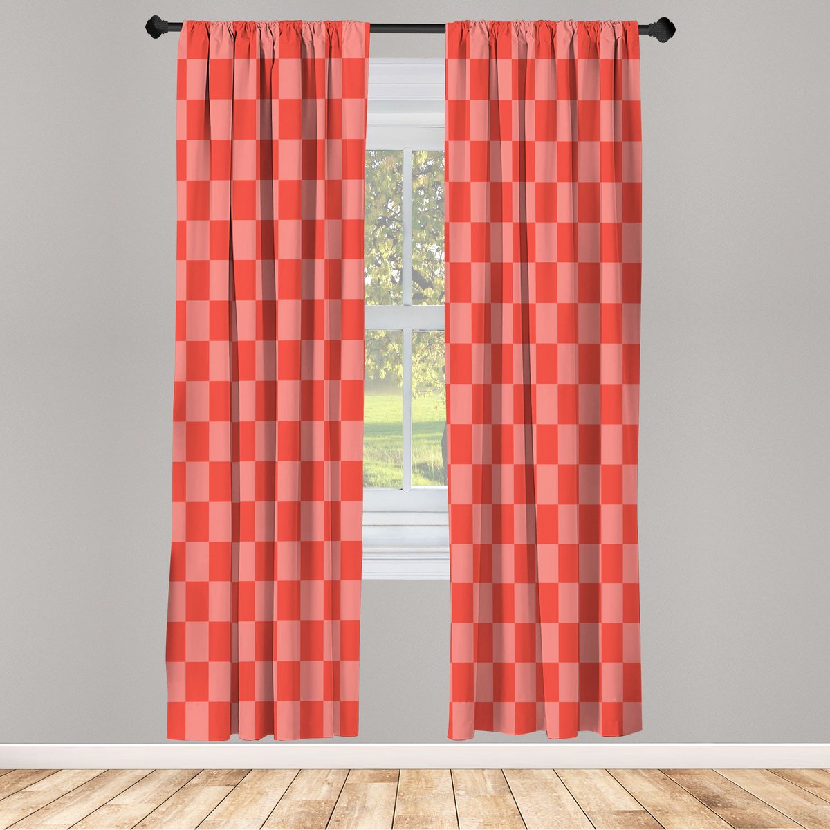 ABAKUHAUS Damspelgordijnen, Geometrisch spelborddesign, set van 2 panelen voor woonkamer en slaapkamer, 150 cm x 225 cm, Roze Koraal