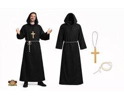 Partychimp 3-Delig Monnik Tuniek/Touw & Kruis Halloween Kostuum Heren Verkleedkleren Volwassenen Carnavalskleding Heren - Zwart- Polyester - Maat M/L