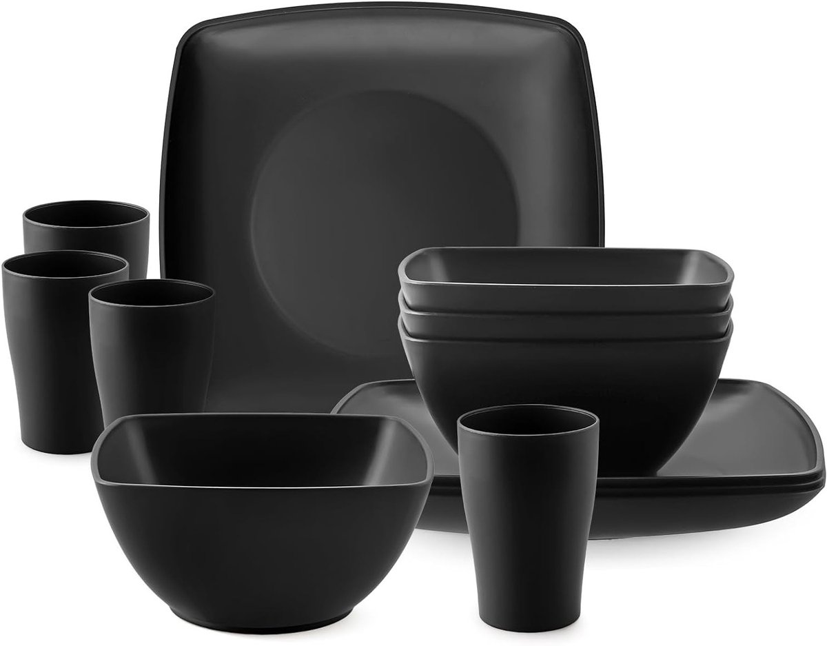 12-delige set plastic borden en kommen, lichtgewicht en stapelbaar, ideaal voor kamperen en thuisgebruik, vaatwasser- en magnetronbestendig, zwart