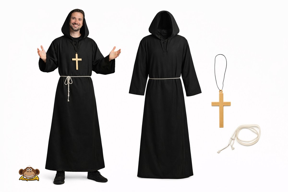 Partychimp 3-Delig Monnik Tuniek/Touw & Kruis kostuum volwassenen Verkleedkleren Heren Carnavalskleding Halloween - zwart- Polyester - Maat XL/2XL