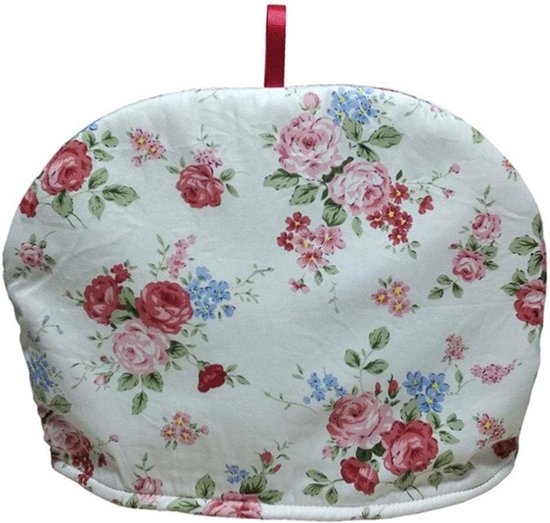 Theemuts met een witte ondergrond en een roze, rode en blauwe bloemenprint.