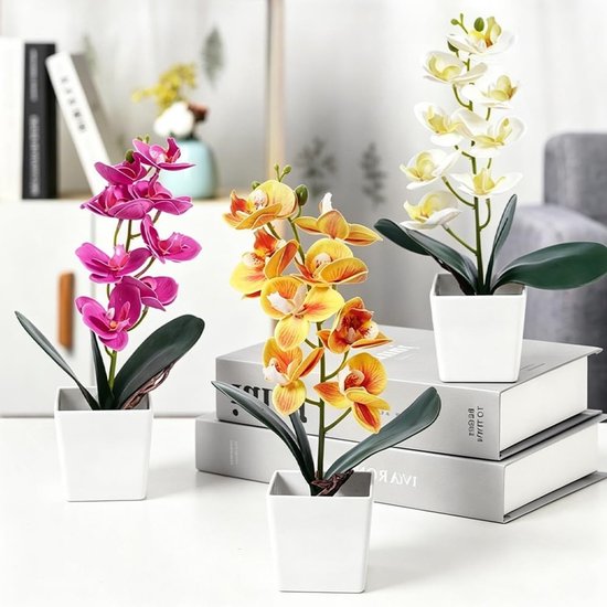 Kunstorchideeën 3 stuks - Nepbloemen pot - Woonkamer decoratie - Hoogwaardige zijdestof - 30 cm hoog - Wit roze geel