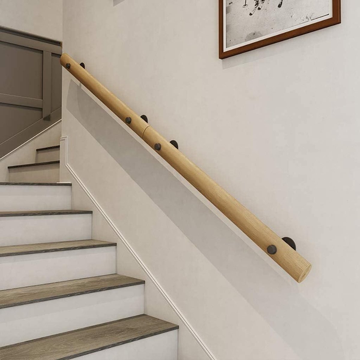 Trapleuning Kit - Muursteun Leuning - Veiligheid Thuis - Massief Grenenhout - 250 cm - Natuurlijk Hout
