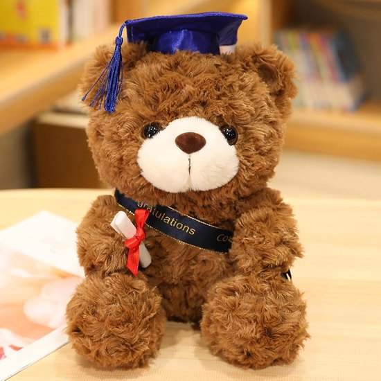 Pluche teddybeer - Afstudeerbeer knuffel - Herdenkingsdecoratie - Met diploma - 28 cm - Bruin met blauwe hoed — afbeelding 4