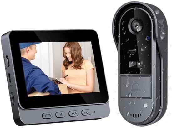 Waterdichte deurbelcamera en 4.3" monitor. Beelden van een bezorger die een pakket overhandigt aan een vrouw.