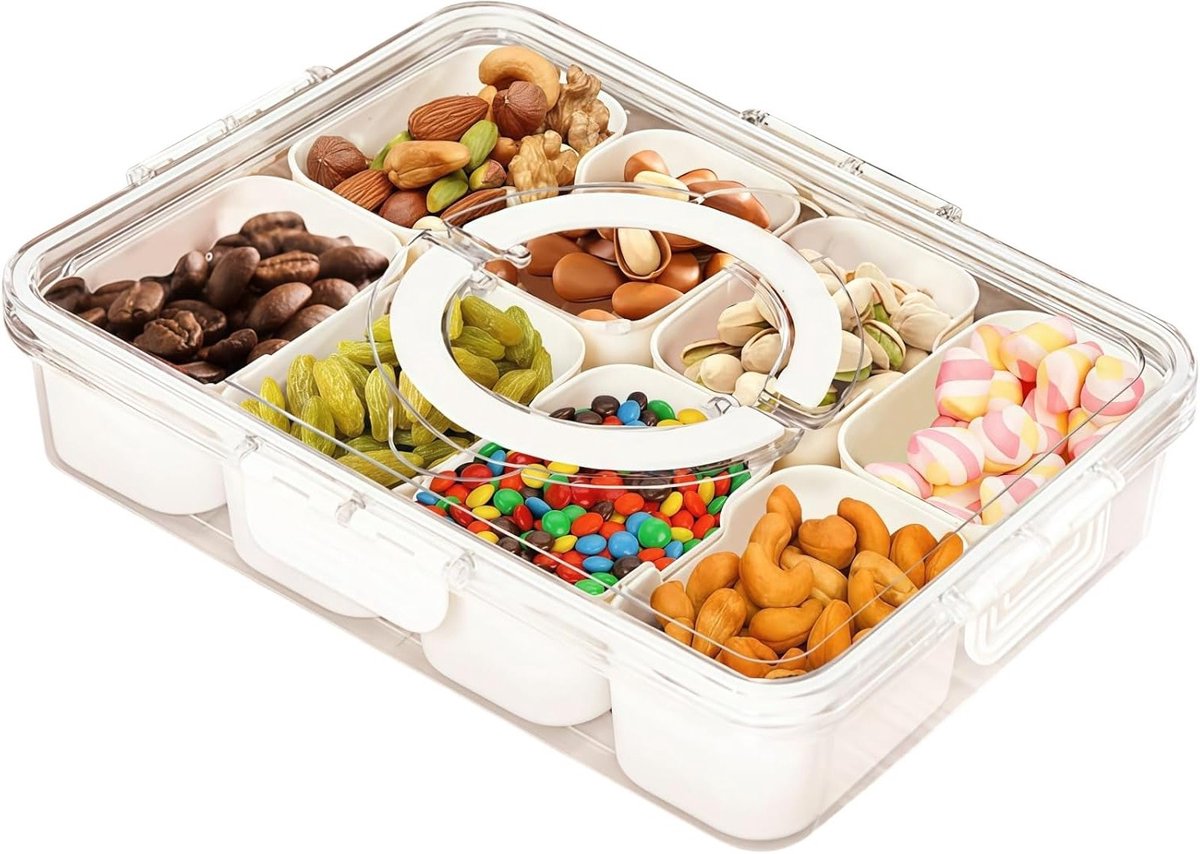 Draagbare voedselopslagcontainer met deksel en handvat, snacktray met 8 uitneembare vakken, transparante organizer voor groenten, snoep, fruit en tussendoortjes