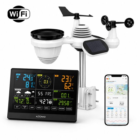 AXIMO weerstation met wifi, 7-in-1 buitensensor en smartphone met live weerdata. Bevat display, sensor met anemometer, windvaan en regenmeter.