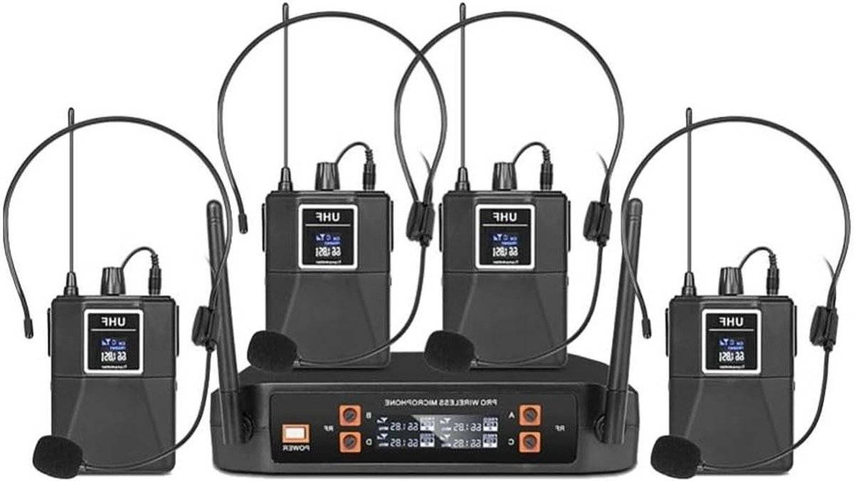 Draadloze Microfoonheadset - UHF Systeem - Feesten Presentaties - Vaste Frequentie - 4 Kanalen - Zwart