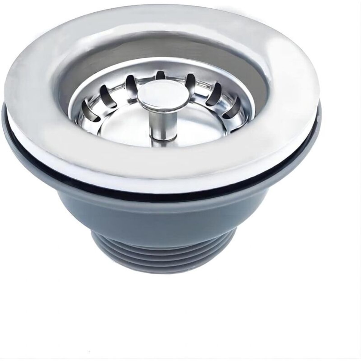 Overloopvrije gootsteenafvoer met een roestvrijstalen filtermandje van 85 mm (1,5 inch) diameter, gemaakt van roestvrij staal en ABS. Afvoerunit + filtermandje.