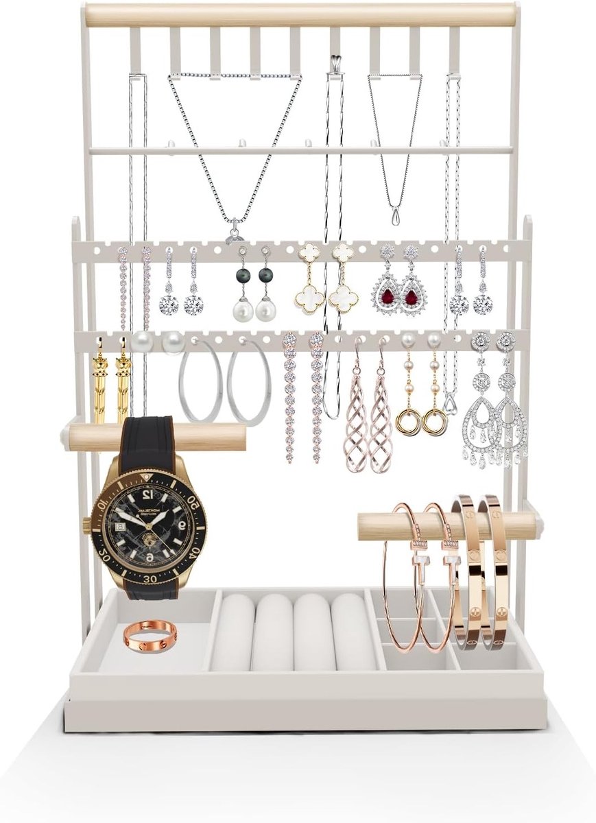Elegante 4-laagse sieradenstandaard met fluwelen lade voor kettingen, armbanden, oorbellen en ringen in wit