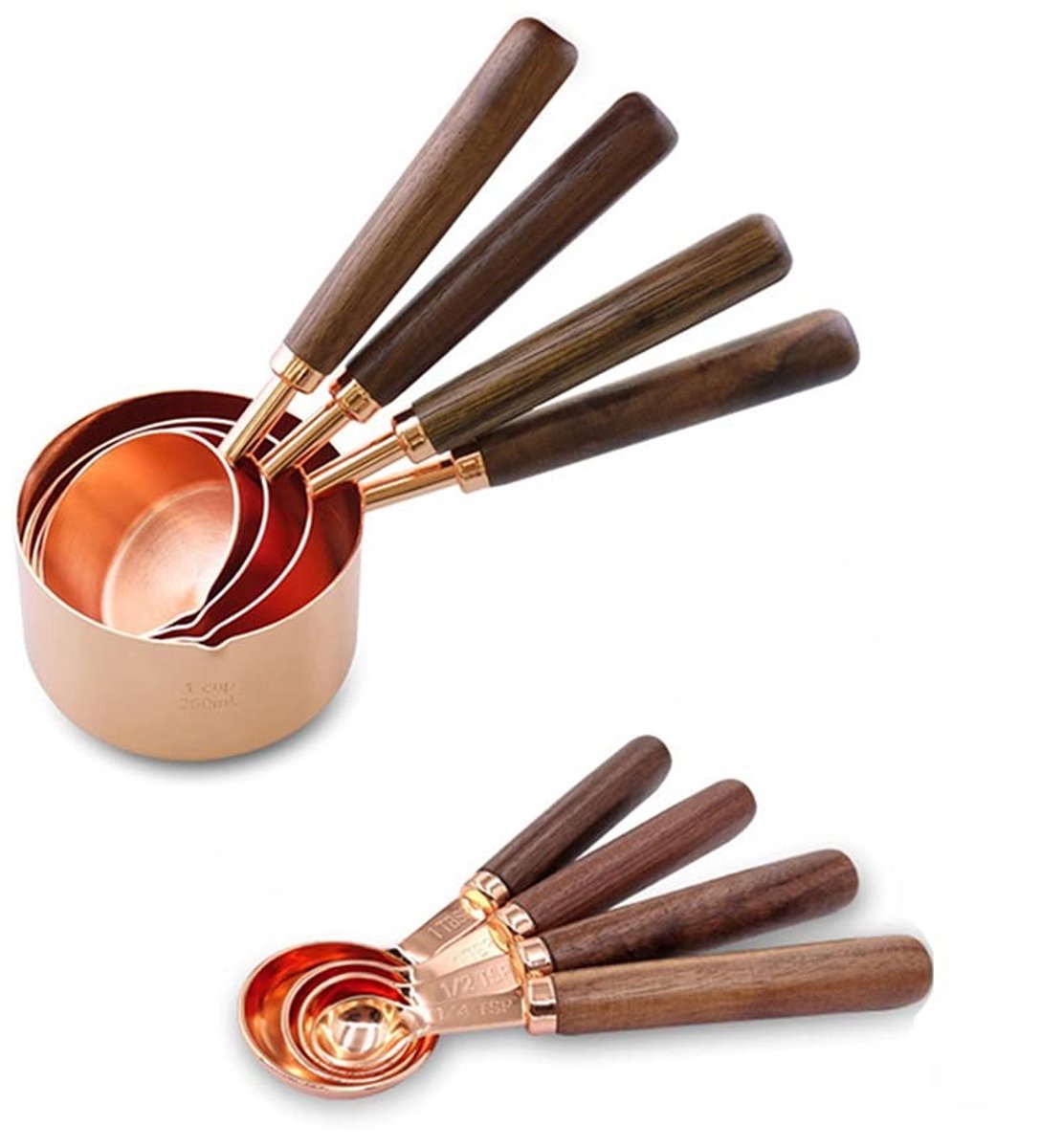 Dailygoods - Dailygoody - Maatbekers - Maatlepels - Hoogwaardige kwaliteit - Roségoud - Keukenaccessoires - Voor droge en vloeibare ingrediënten - Set van 8 stuks