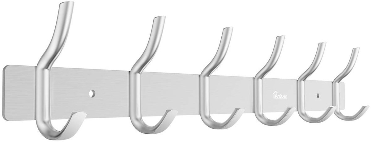 Dailygoody - Wandmontage kleerhanger rek - 6 haken aluminiumlegering - Zilver - Keuken accessoires - Badkamer opslag - Geschikt voor muur - 42 cm