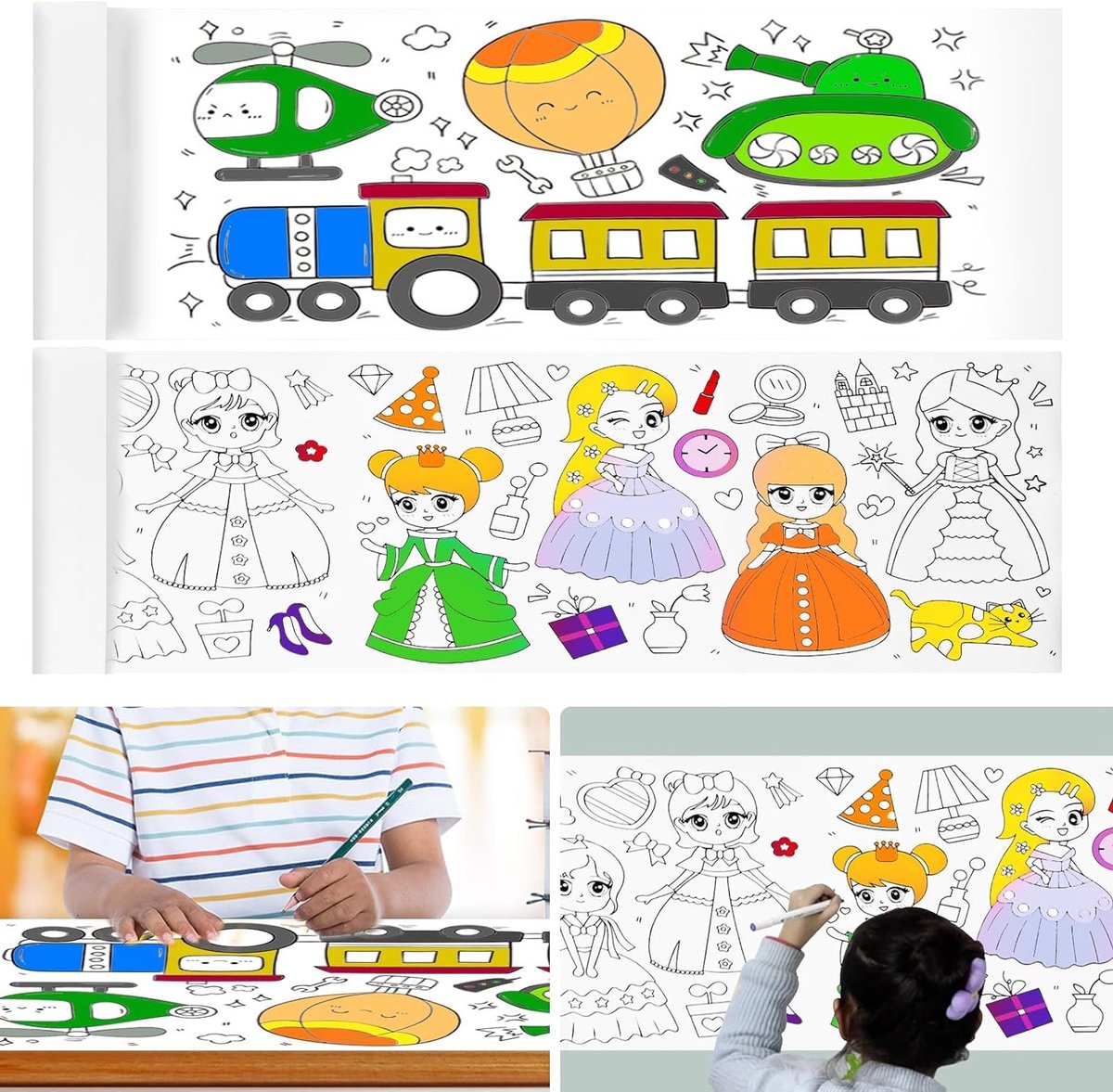 2 rollen tekentpapier 300 x 30 cm - Afbreekbaar zelfklevend papier voor kinderen, creatief tekenen en kleuren met prinsessen en voertuigen