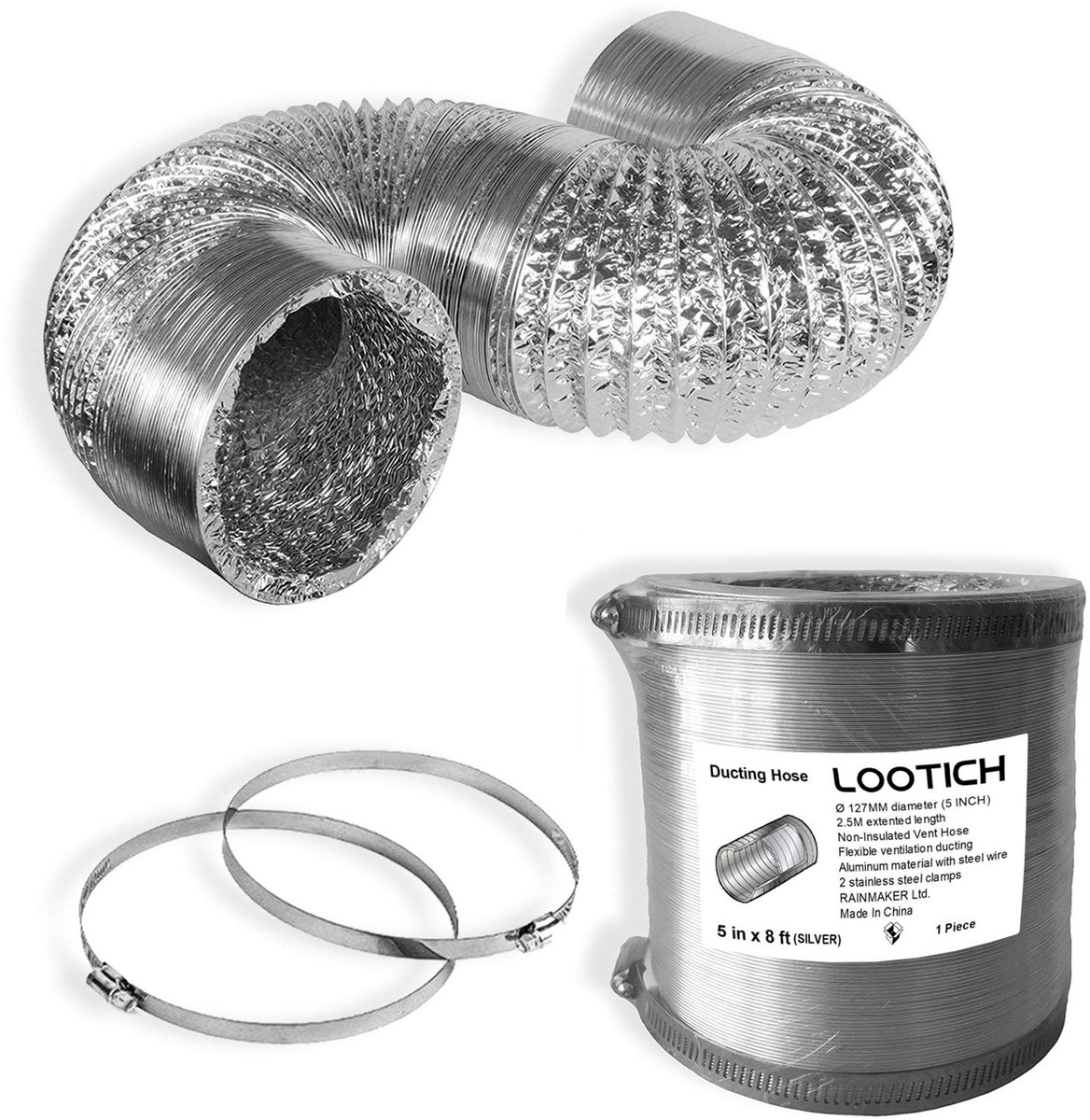 Dailygoods - Dailygoody - Flexibele Ontluchter - Aluminium Afvoerslang - 2,5 Meter - Niet-geïsoleerd - HVAC-ventilatie - Inclusief Klemmen - Geschikt voor Gekoelde..