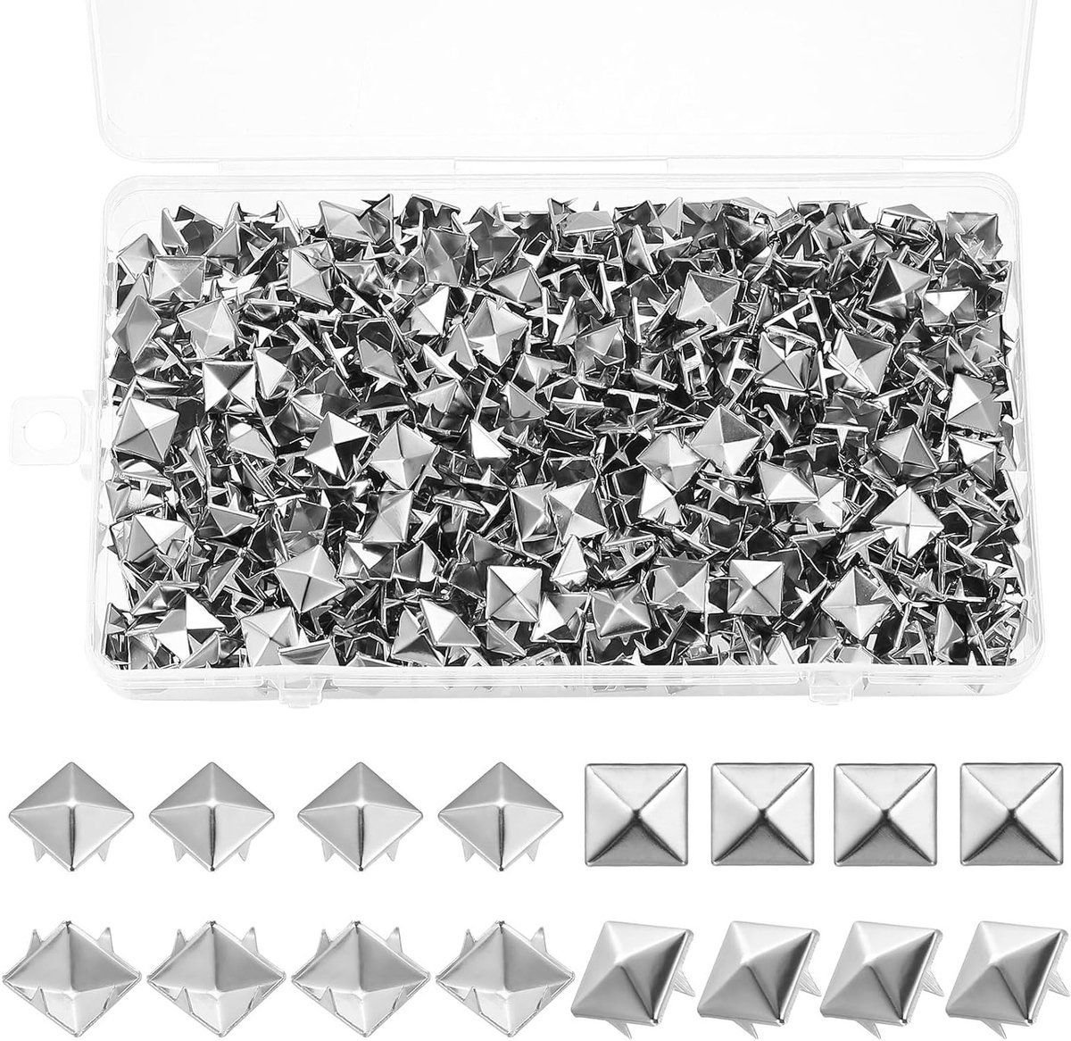 600-delige vierkante metalen nietjes in zilver voor leren projecten, DIY pyramid studs en rivets voor kleding, tassen, riemen en accessoires