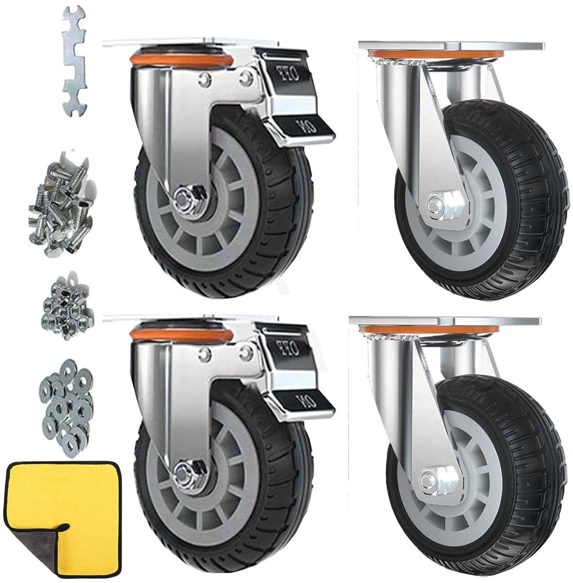 Set van 4 Zware Dubbele Veiligheidswielen voor Winkelwagentjes en Meubels - Maximaal 2000LBS Belastbaar (Zwart, 10 cm, 2 Universele Wielen + 2 Vergrendelbare Wielen)