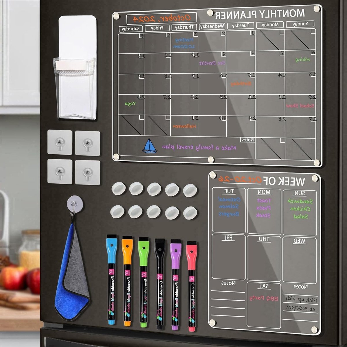 Transparante Magnetische Maand- en Weekkalender voor de Koelkast, 2 Stuks, Inclusief 6 Kleurmarkers en Pennenhouder, Ideaal voor Planning en Organisatie