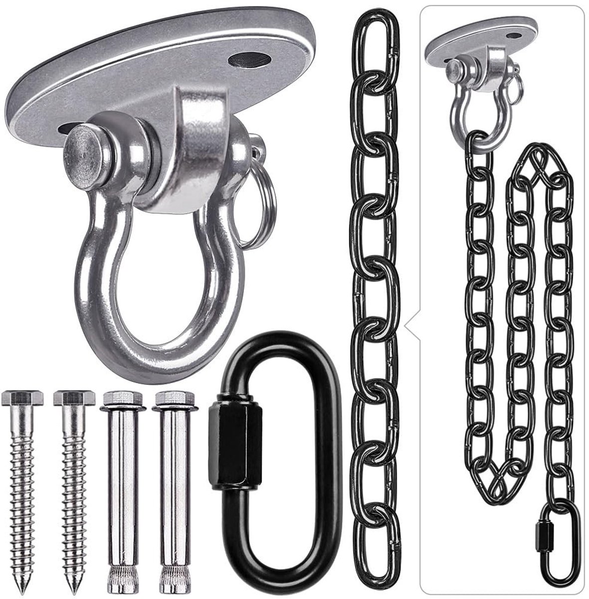 Dailygoods - Dailygoody - Hout/beton plafondhanger - Draaibaar - Voor hangmat en schommel - Zwarte ketting - Voor buitengebruik - Geschikt voor speelplaats en yoga