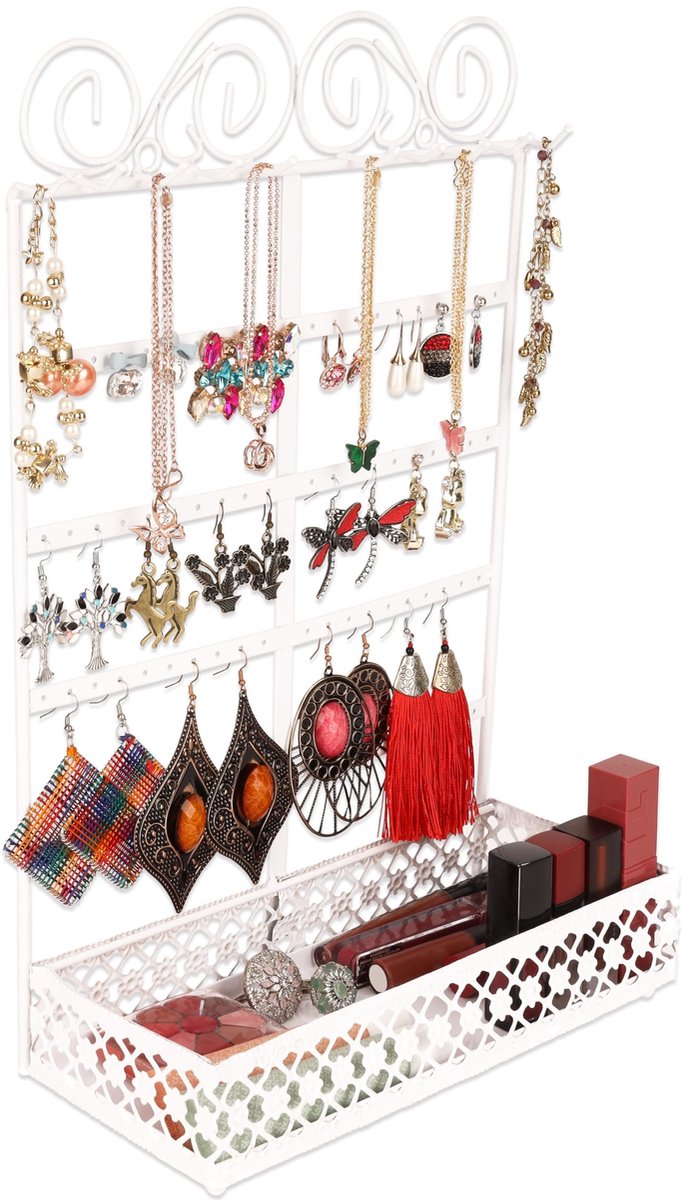 Dailygoods - Wit Metalen Oorbellen Organizer - Sieraden Display met Opslag - 5 Laags met 80 Gaten - Muur en Tafelhouder voor Oorbellen en Kettingen
