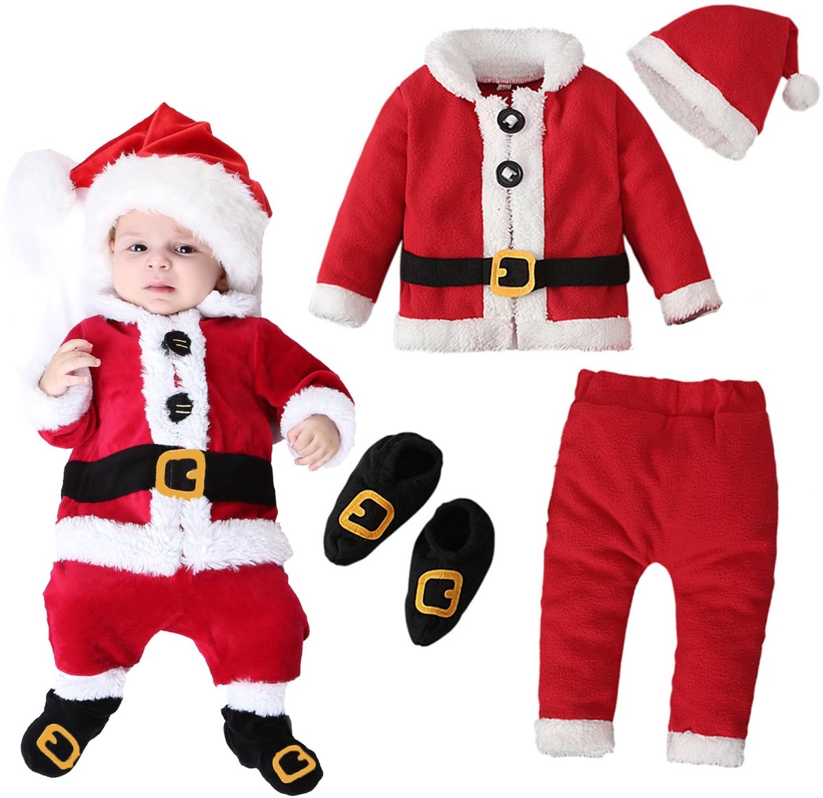 Dailygoods - Dailygoody - Kerstkostuum voor baby's - Baby kerstman outfit - Zachte fleece romper - Uniseks - Perfect voor eerste Kerstmis - Inclusief broek, laarss...