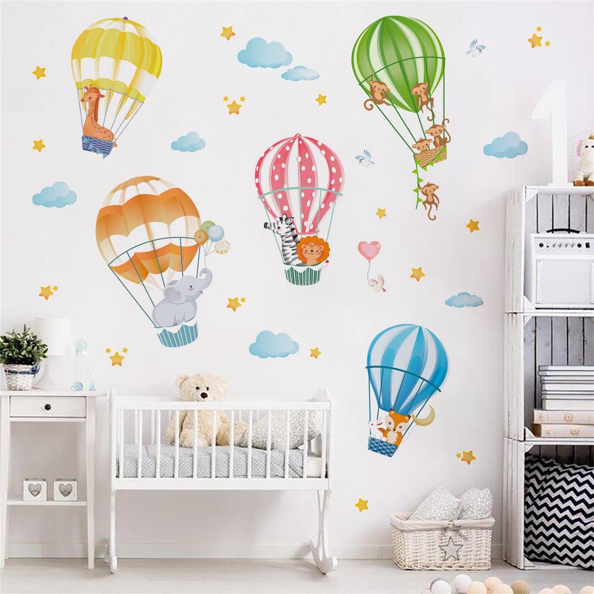 Dailygoody - Muurstickers - Dierlijke Hete Lucht Ballonnen - Wanddecoratie - Geschikt voor Kinderkamer - Olifant Giraffe Aap - Grappige Dieren Decoratie