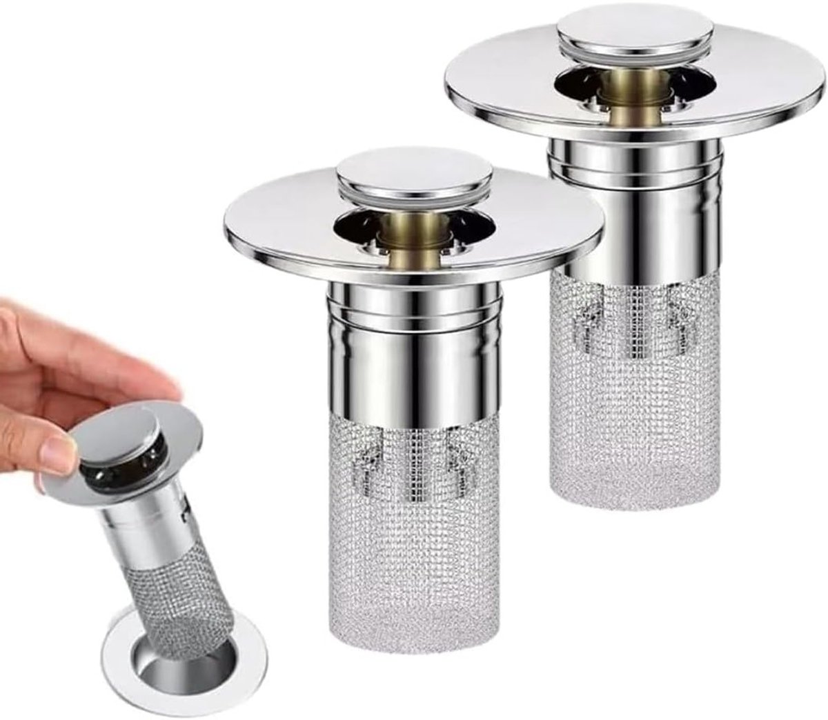 Set van 2 universele gootsteenstoppen met roestvrijstalen filter en klapdeksel voor optimale afvoer en hygiëne