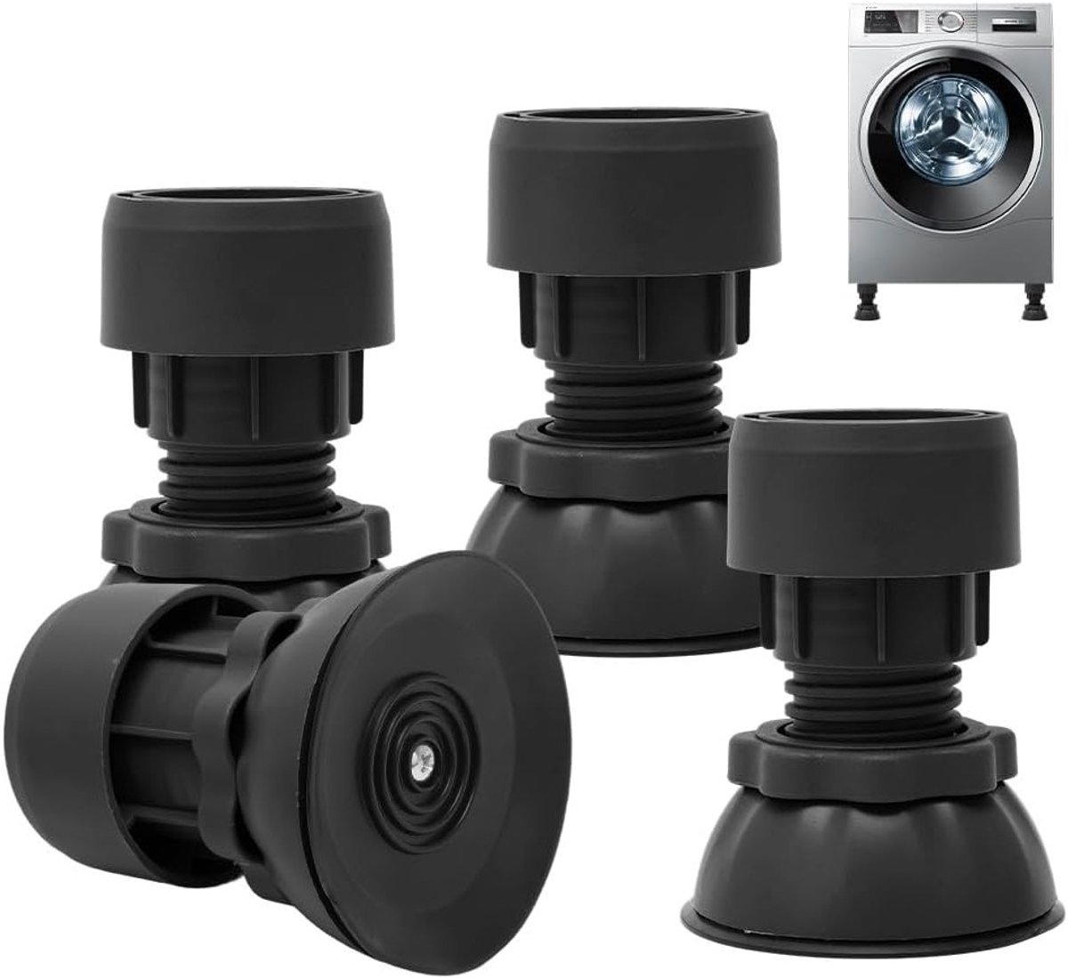 Trillingsdempers voor wasmachines en drogers, 4 stuks, antislipmatten, verstelbare hoogte, universele anti-vibratiedemper, geluiddemping en stabiliteit, zwart