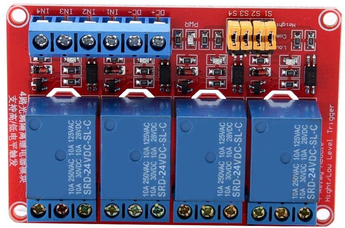 Dailygoods - Dailygoody - 4-Kanaals Relay Module - Schakelmodule met Optocoupler - 5V 12V 24V - Betrouwbare Schakeling - Voor Elektronische Projecten - Geschikt vo
