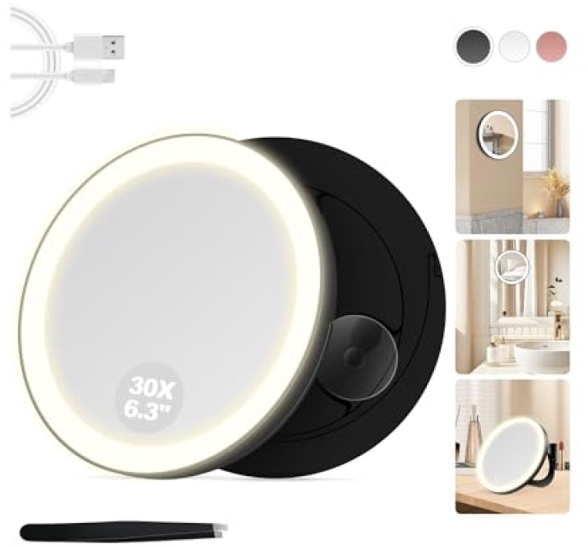 Cosmeticaspiegel met verlichting en 30-voudige vergroting voor perfecte make-up