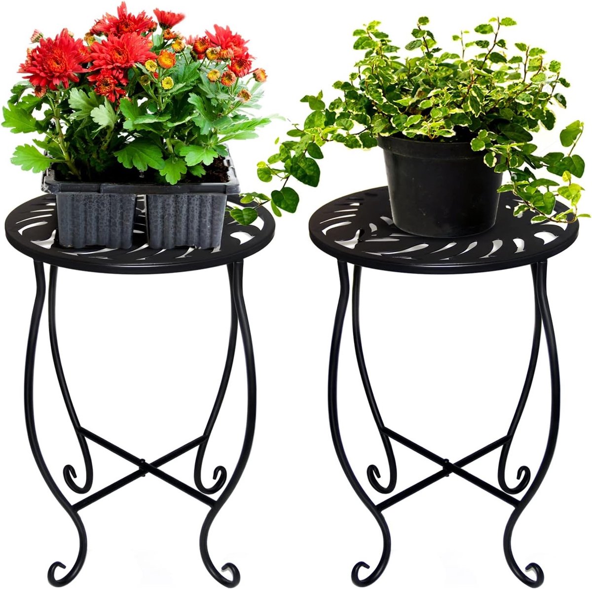 Zwarte metalen plantenstandaard van 15 inch, set van 2, roestvrij, voor binnen en buiten, 30 lbs draagvermogen, decoratief en stevig