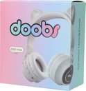 Verpakking met roze DOBI MAX draadloze koptelefoon met kattenoortjes en gekleurde 'doobs' tekst.